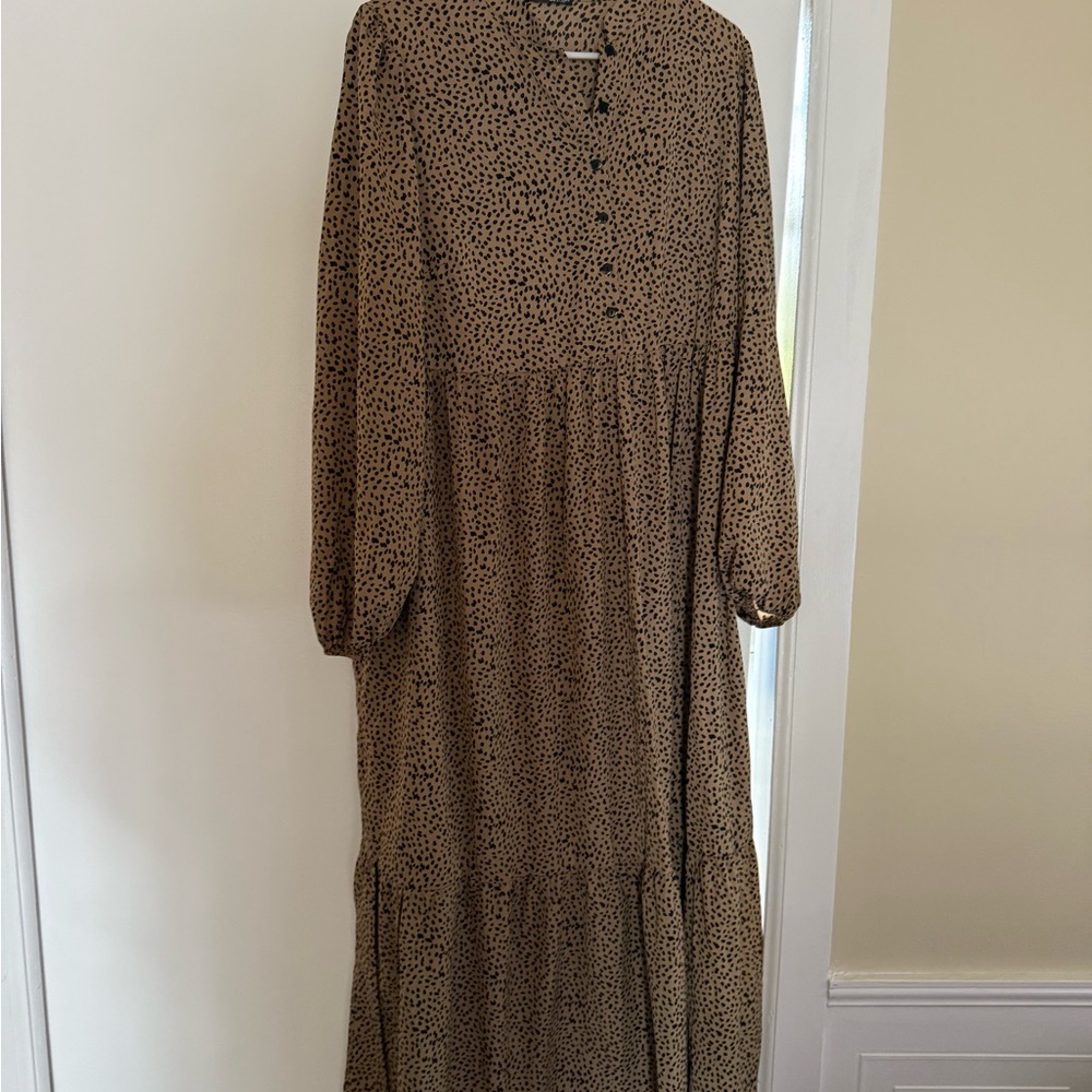 SHEIN Brown Casual Maxi Dress with Crew Neck and Bishop Sleeves